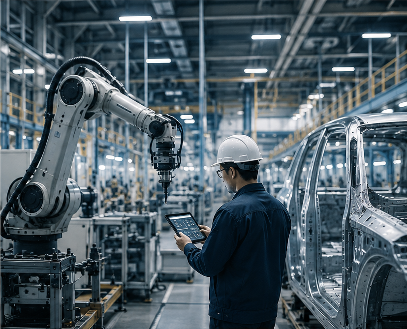 Factory worker using a tablet beside an industrial robotic arm